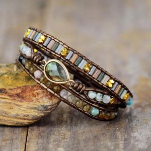 Strängar Boho Natural Stone Beads Multilayer Leather Pear Shaped Labradorite Healing Crystal Protection Wrap Armband för kvinnor