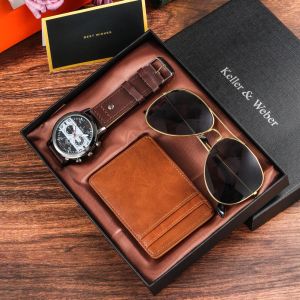 Sonnenbrille Uhr für Männer Luxusgeschäftsquarz Armbanduhr schwarze Geschenke für Männer Ehemann Freund Sonnenbrille Kartenhalter Relogio Maskulino