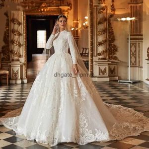 Prinzessin High Neck Eine Linie Brautkleider Langarme Spitzen Applikationen Royal Brautkleider Chapel Zug Arabisch Dubai Wunderschönes Brautkleid 2024