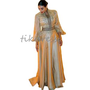 Elegant Gold Kaftan Morrocan Evening Dresses Abayas 2024 Long Sleeve High Neck Appliques Lace Muslim Prom Dress Gorgeous Formal Birthday Party Wear Robe De Mariee