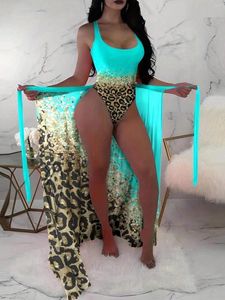 Kvinnors badkläder 2024 Sexig leopardtryck en bit baddräkt och strand sarong rygglös monokini baddräkter
