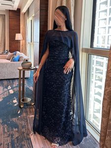 Navy Blue Lace Mother of the Bride Dresses with Cape Strapless Beaded Mermaid Formal Dress for Wedding Chiffon Wrap vestidos de noche