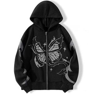 Ny Y2K High Count Matrix Butterfly Print dragkedja Hoodie Casual Loose Hoodie Men Cardigan Coat T240424