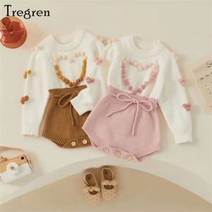 Einszene TREGREN 018M Neugeborenes Baby Girl Pullover Strampler Herbst Winter Kleidung Langarmkontrast Farbe Herz Knit Strampler Säuglingsbodysuit