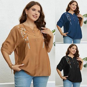 Embroidery Plus Size TShirt High Street Casual Short Sleeve Fashion Elegant Lady Tops Spring Summer Loose Clothes 240412