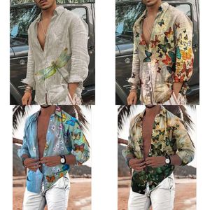 Shirt Vintage Men Long Sleeves Printed Hawaiian Beach Casual Single-breasted Stand Collar Spring and Summer Clothes 220322