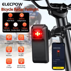 Lights Elecpow Bicycle Smart Radar Hail Light Bike Безопасное заднее лампа слепое пятно монитор IPX6 Водонепроницаемый тормозный тормозный сигнал 4 Мод освещения