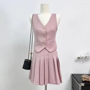 Work Dresses 2024 Summer Girls Sweet French Small Fragrant Vest Pleated Skirt Sets Korean Elegant Fashion OL Two Piece Set For Women's