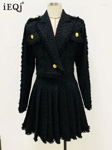 ワークドレス女性用のソリッドツイード2ピースセットvネック長袖ジャケットハイウエストショートドレスセット2024年夏36A1869