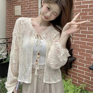 Women's Knits Summer Knitted Crochet Sunscreen Cardigans Women Lace-up Long Sleeves Loose Hollow Out Open Stitch Thin Beach Casual Blouse