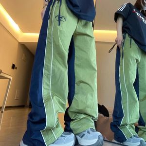 Quick Drying Rushing Sweatpants Women American Retro Casual Color Blocking Outdoor Loose Wide Leg Green Pants Running Pants 240416