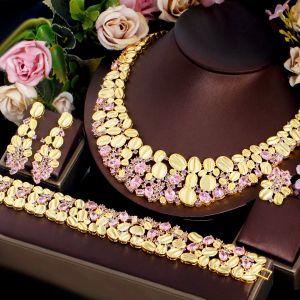 Naszyjniki cwwzircons 4pcs African Cubic Zirconia Duży naszyjnik Kobiety przyjęcie weselne Dubai Gold Luksusowe biżuteria dla narzeczonych T643