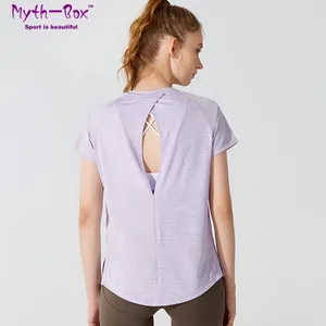Active Shirts Women Loose Thin Yoga Short Sleeve Sport T-Shirt Jacquard Running Shirt Curved Hem Hollow Out Gym Fitness Tee Tops Blouse