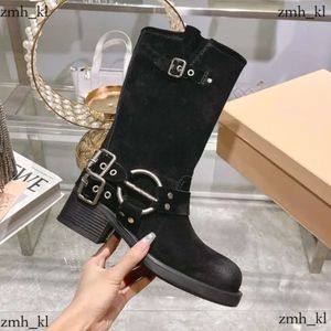 Shoes Boots Harness Belt Buckled Cowhide Leather Biker Knee Chunky Heel Zip Knight Square Toe Ankle Booties Women Luxury Designer Factory 241