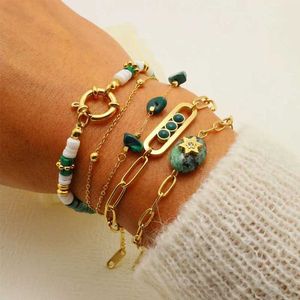 Beaded ANEH Retro Green Natural Stone Stainless Steel Bracelets 18K Real Gold Plated Temperament Woman Hand Jewelry Accessories 240423