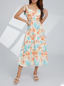 Abiti casual Donne Donne senza maniche Trappa spalla Flowing A-Line Dress Summer Floral Print Party Club Midi