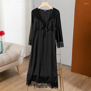 Sleepwear Womens Patchwork Nightdress Square Collar Homewear Black Nightgown Satin Home Clothing Intimate Lingerie Casual Nightwear