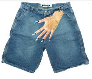 Herr shorts streetwear shorts y2k byxor harjuku hip hop finger tryck retro blå baggy denim gym korta män basket shorts över knäbyxor