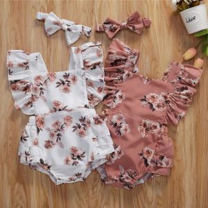 One-Pieces 024M Newborn Baby Girl Romper White Pink Flower Print Romper For Newborn Girls Jumpsuit Headband Outfit Toddler Infant Sunsuit