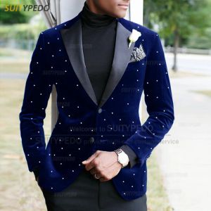 Suits Fashion Navy Blue Velvet Men Suit Set Evening Party Luxury Shiny Beads Blazer Formal Activities Slim Fit Tuxedos Pants 2 Pieces