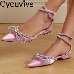 Casual Shoes Crystal Bow Knot Ankle Strap Flat Sandals Women Pointy Toe Satin Low Heel Summer Woman Sexy Wedding Party Sandalias Mujer