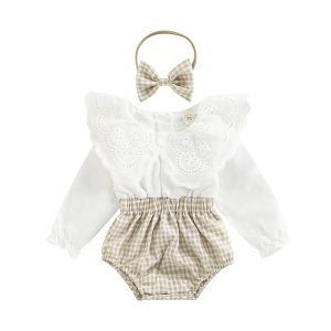 One-Pieces 2Pcs Newborn Baby Girl Fall Outfit, Plaid Patchwork Lace Doll Collar Long Sleeve Romper + Hairband Set for Infants, 018 Months