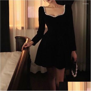 Basic Casual Dresses 2023 Spring Fashion Veet Women Square Collar Fl Sleeve Ruched Diamonds Ball Gown Black Party Mini Dress Drop Deli Dhcui