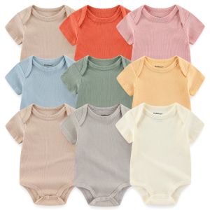 Endelar Solid Color 5pieces Unisex Ribbed Cotton Nyfödda Baby Girl Clothes Set Short Sleeve Bodysuits Baby Boy Clothes Summer