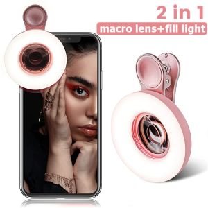 Filters 2 In 1 Phone Macro Lens With Selfie Ring Fill Light 15x Macro Lens Universal Ring Clip Light Selfie Lamp 3 Light Modes