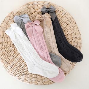 Summer Girls hollow knitted socks sweet kids ribbon Bow hole 3/4 knee high princess sox children cotton breathable legs S1346