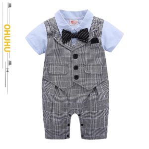 Blazers 2022 Verão Novo bebê Gentleman Gentleman Terne infantil Bodysuit de roupa recém -nascida gravata borboleta Onepiece Romper 13202