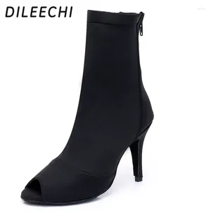 Scarpe da ballo dileechi stivali latini velvet donne black stretch tessuto salsa ballo da ballo da sposa ballo ballo di tallone alto suola morbida