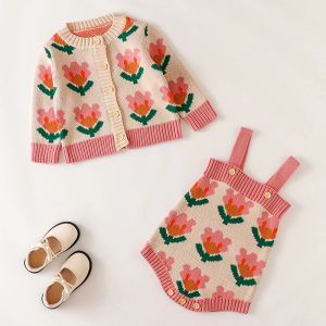 Set autunno inverno neonato per bambine abiti abiti da abbigliamento a maniche lunghe cardigan a maglia stampata+tuta per bambini set di vestiti per bambini