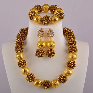 Collane bellissime perle nigeriane in costume Collana a sfera di cristallo a sfera di gioielli africani oro set 16JSQ02