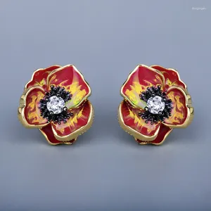 Stud Earrings 925 Silver Women's Flower Red Fashion Handmade Enamel Jewelry Christmas Gift