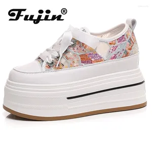 Casual Shoes Fujin 8.5 cm High Brand Suntetic Summer Fashion Mesh Chunky Sneaker Hollow Platform Wedge Flats BLING LEATHER COMFY