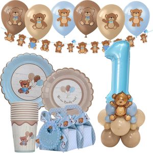 1set Cute Bear Disponertable Tableware Brown Blue Servettplattor Cups For Baby Boy Girl Girkl Happy Birthday Shower Party Supply 240411