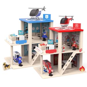 Bloklar Ahşap polis ofisi itfaiye istasyonu erkek rol oynama arabası itfaiye aracı inşaat yapı blokları monte edilmiş ev çocuk oyuncakları