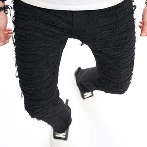 Men Street Stylish Ripped Staplad skarvad cyklist Jeans Male Black Slim Straight Motorcykel Denim Pants 240423