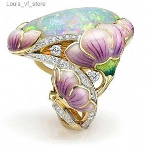 Band Rings Delicate Fashion Gold Color Floral Ring Lavender Fuchsia Lotus Enamel Oval Cut Fire Stone Bridal Engagement for Women H240424