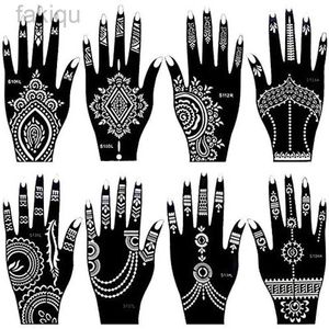 Body Paint 8 Blätter Indien Henna Tattoo Schablone für Frauen Mädchen Handfinger Körperfarbe Temporärer selbstklebender wiederverwendbarer Tattoo-Vorlagen D240424