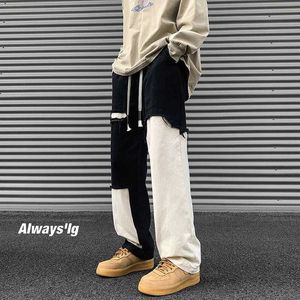 Herr Jeans College Style Mens Patchwork Byxor Lossa Casual Fashion Man Jeans Hip Hop Street Straight Leg Pants 240423