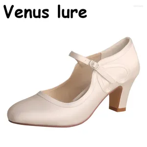 Dress Shoes 7.3CM Block Heel Wedding Heels For Bride Mary Janes Ivory Satin