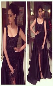 Black Major Beaded Side Splite Evening Dresses Square A Line Sweep train Robe de Soiree high Qulity Lace Party Prom Gowns 20167288596