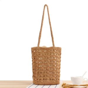 Vintage Summer Handmade Woven Beach Rattan Beach Tote Bag Woman Fashion Straw Bucket Handbag For Ladies Shoulder Purse 240418