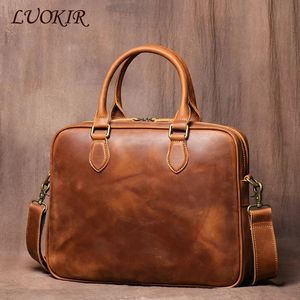 Luokir Vintage Crazy Horse Cowhide Portfölj Mens Läder Högkvalitet Handväska Simple Document Package Casual Office Computer Bag 240418