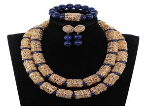 Splendid Navy Blue Nigerian pärlstav kvinnliga kostymsmycken uppsättningar Dubai Gold Chunky Statement Necklace Set 2019 We240 CJ1911284891529