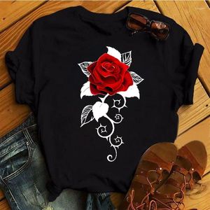 Damen T-Shirts Fashion T-Shirt Rose 3D-Druck täglich lässige Kurzärmel-Hemd 2024 Sommer Runde Hals Einfache Straßenkleidung