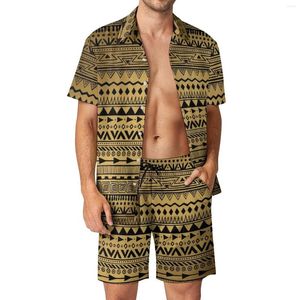 Herrspårsträckor Tribal Print Män sätter svarta och guld Casual Shorts Vacation Shirt Set Summer Cool Pattern Suit Kort ärm överdimensionerad