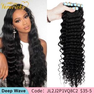 Weft Veravicky Deep Wave Tape in Hair Extensions Human Hair Skin WEFT Remy Włosy 1424 cali naturalny czarny 20pcs 50G pakiet